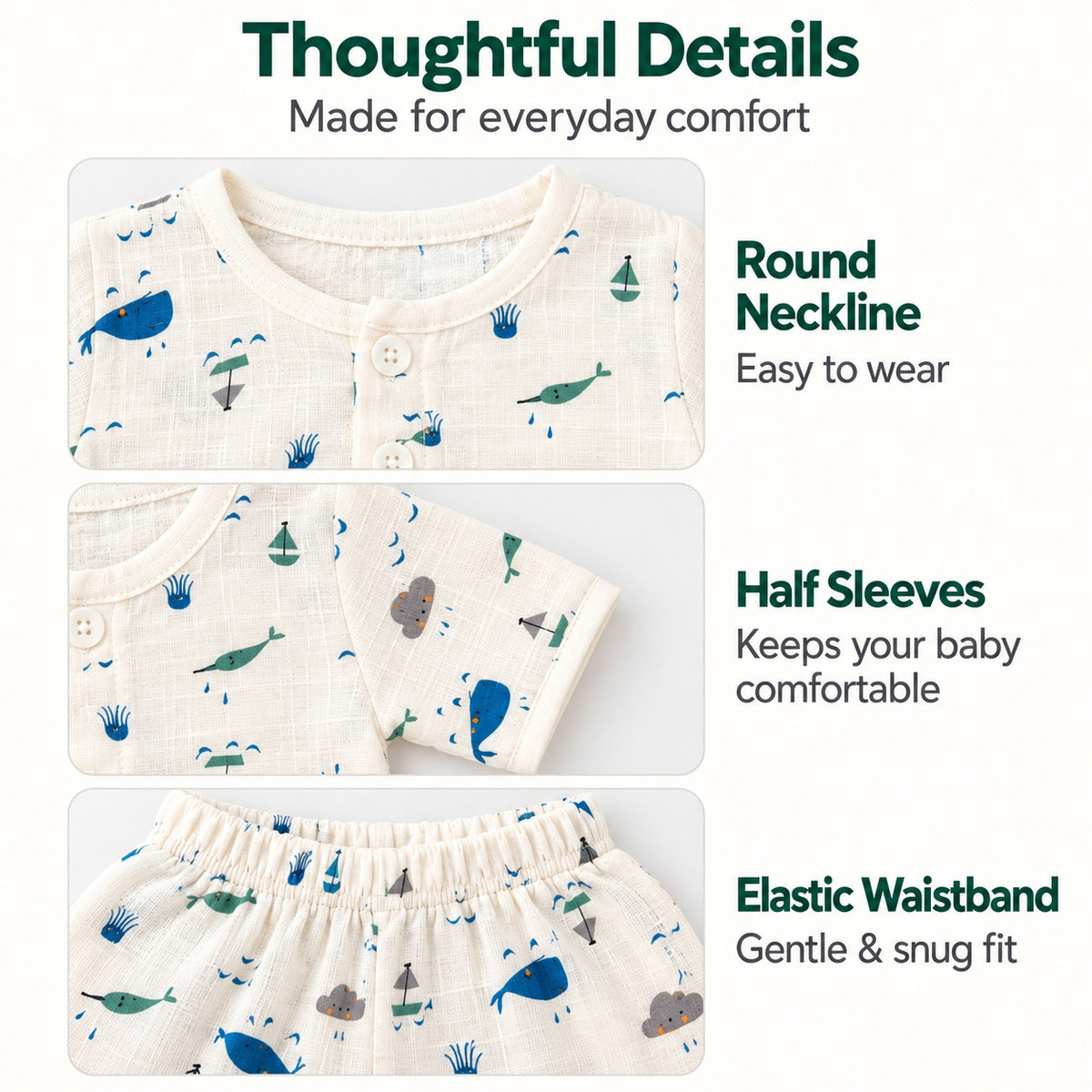 Half Sleeves Jhabla Set - Organic Cotton Muslin -  Whale Wiggles