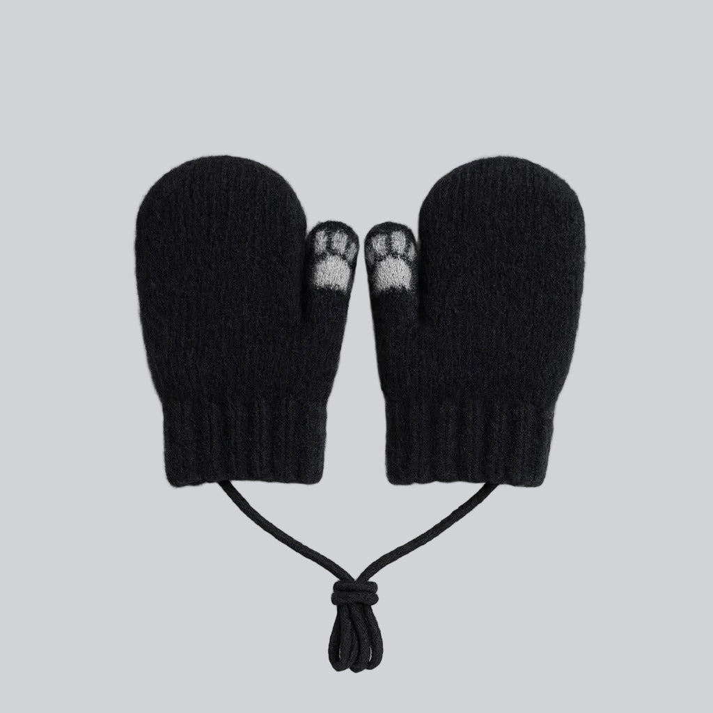 Baby Winter Knitted Gloves With Strings - Black Teddy