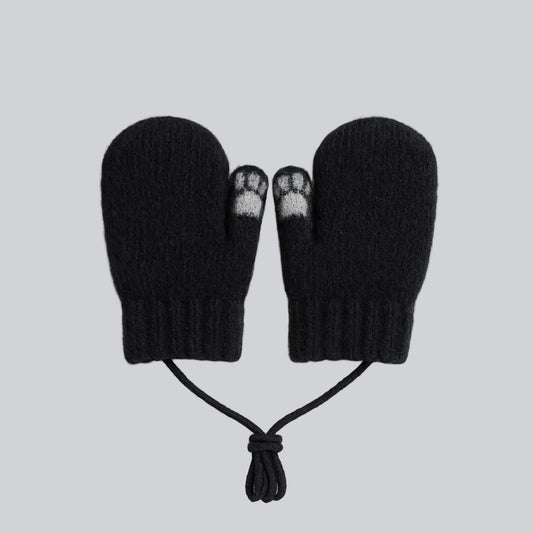 Baby Winter Knitted Gloves With Strings - Black Teddy