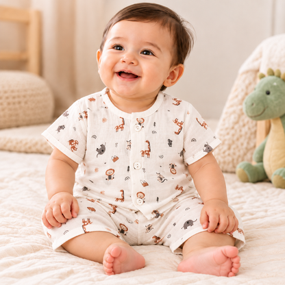 Half Sleeves Jhabla Set - Organic Cotton Muslin -  Jolly Animals