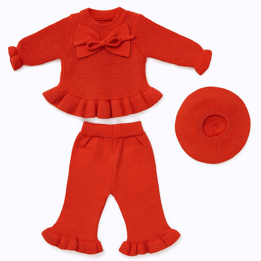 Ruby Red Knitted Top, Pants & Beret Set