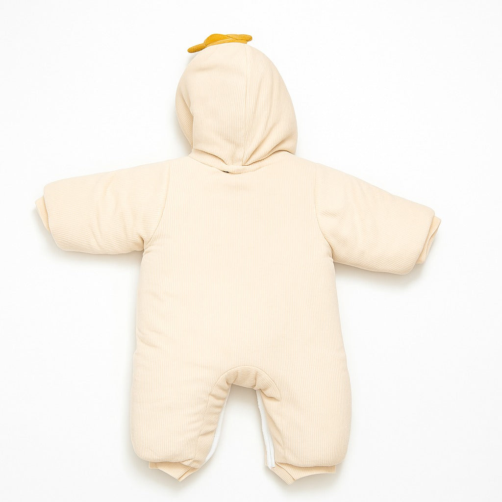 Hooded Woolen Romper With Snap Buttons - Cream Ducky