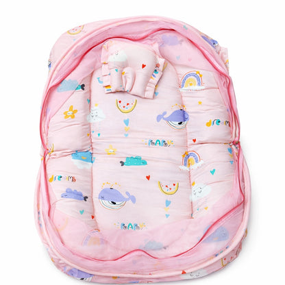 Baby Bedding Set With Mosquito Net & Head Support Pillow - Rainbow Whale