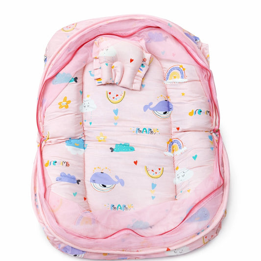 Baby Bedding Set With Mosquito Net & Head Support Pillow - Rainbow Whale