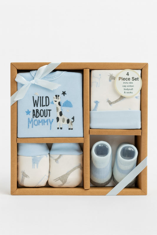 4 pcs Baby Clothing Gift Set - Blue Giraffe Love