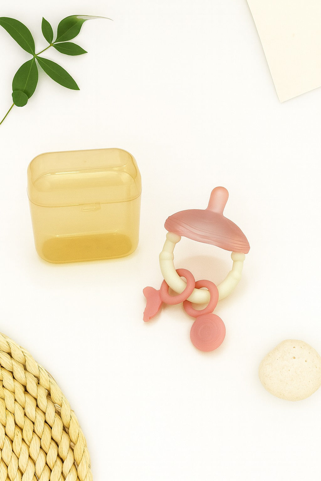 Premium Pacifier Silicone Teether with toy rings (Pink-white)