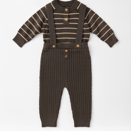Knitted Dungaree Set With Suspenders - Espresso Stripes