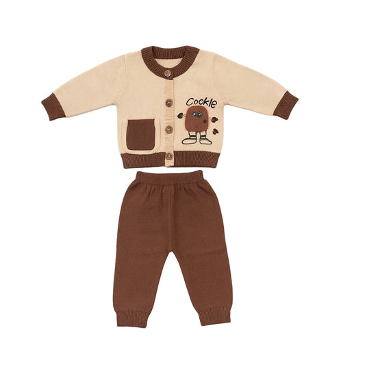 Knitted Sweater Pant Co-ord Set with Button - Beige Cookie