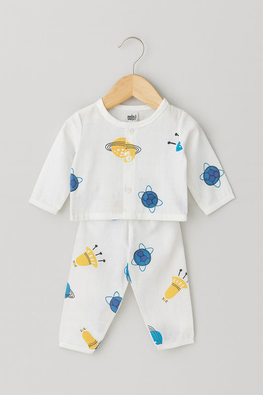 Muslin Full Sleeves Jhabla Set - Organic Cotton Muslin - Space Bear