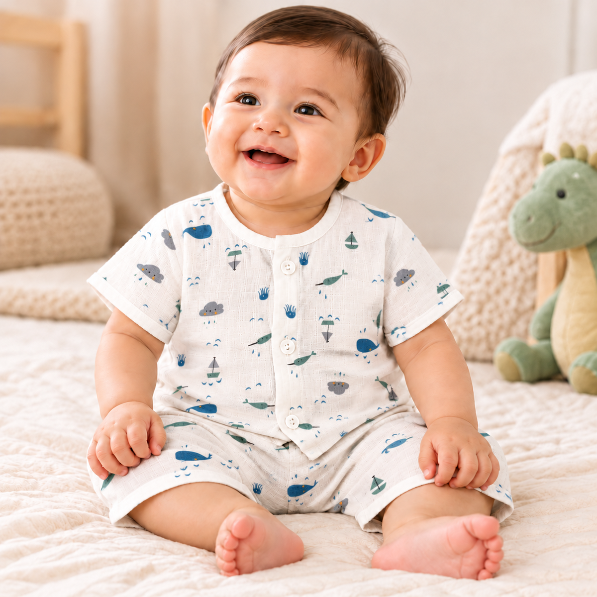 Half Sleeves Jhabla Set - Organic Cotton Muslin -  Whale Wiggles