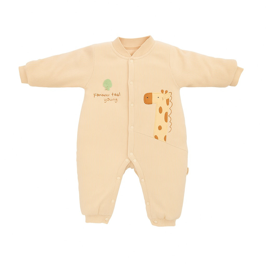 Woolen Romper With Snap Buttons - Orange Giraffe