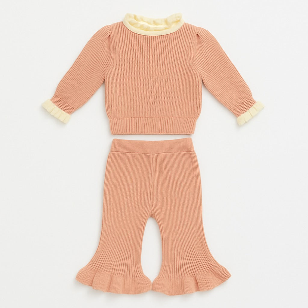 Knitted Bow Top & Pant Co-ord Set - Berry Ruffle