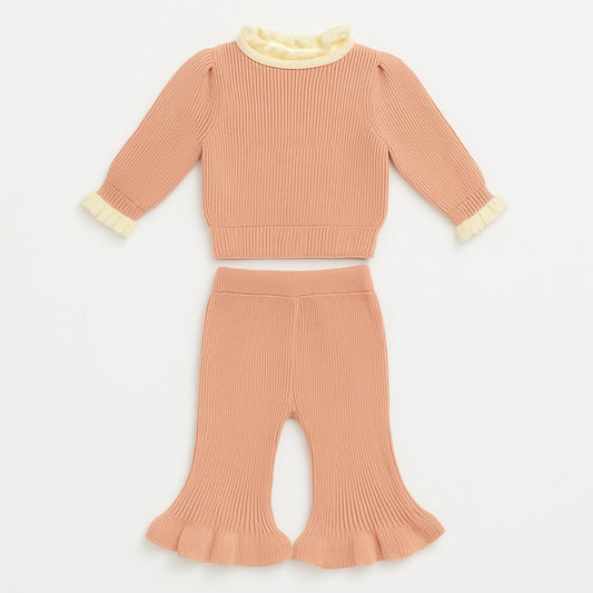 Knitted Bow Top & Pant Co-ord Set - Berry Ruffle