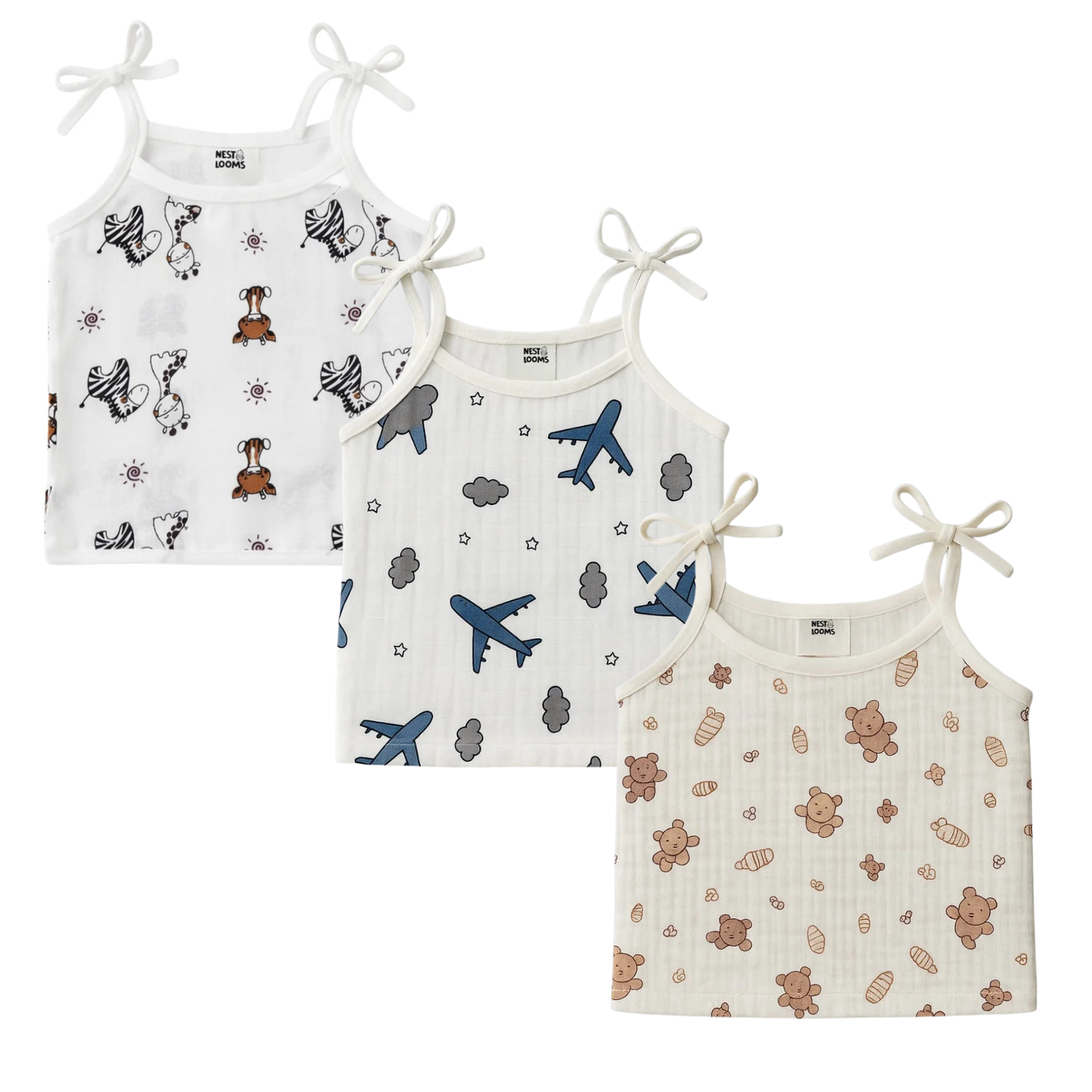 Dori Jhabla- Organic Cotton Muslin- Combo of 3 (jungle buddies, aeroplane rides, bear snuggle)