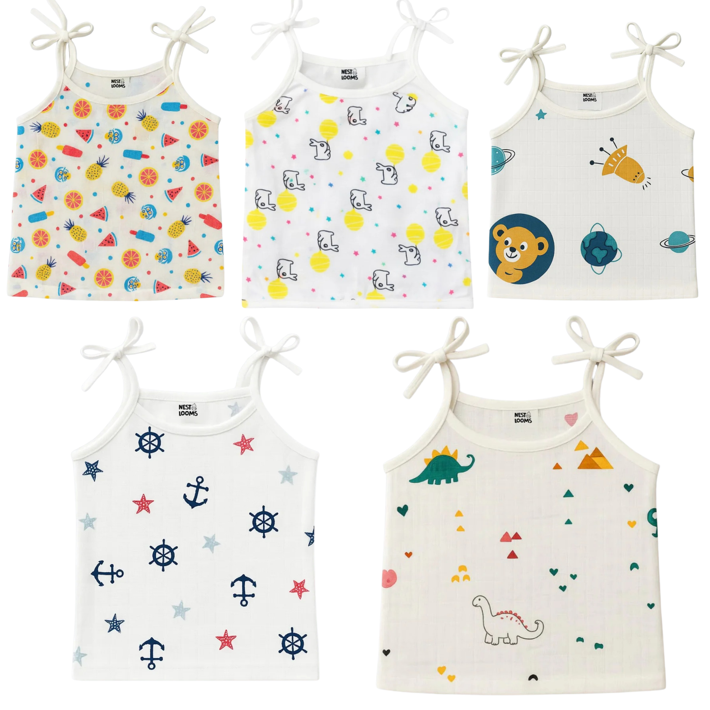 Dori Jhabla- Organic Cotton Muslin- Combo of 5 (tropical treat,sunny bunny, space bear, dinoland, sailor star)