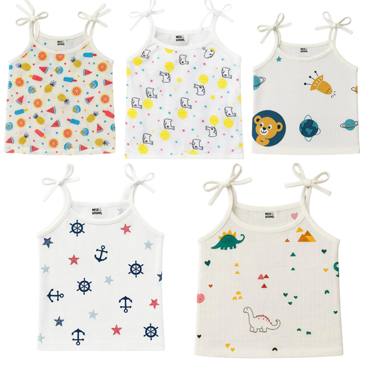 Dori Jhabla- Organic Cotton Muslin- Combo of 5 (tropical treat,sunny bunny, space bear, dinoland, sailor star)