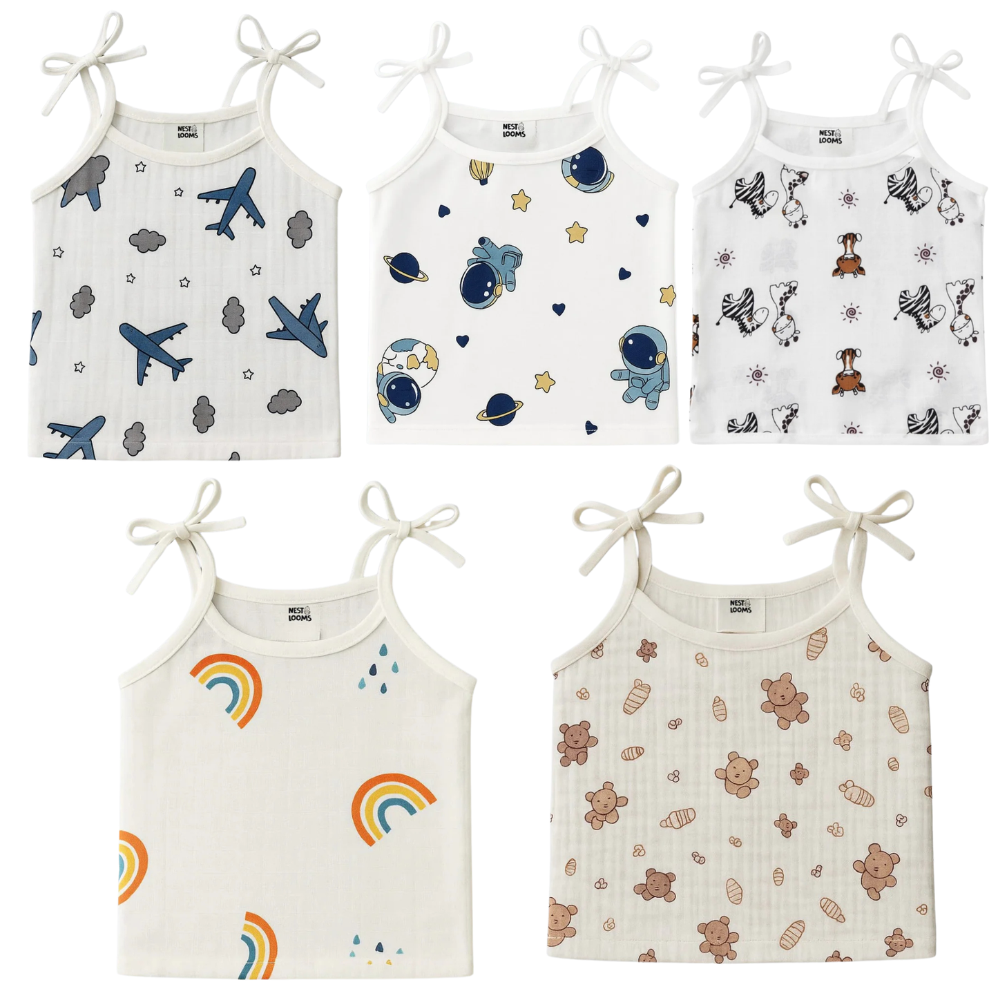 Dori Jhabla- Organic Cotton Muslin- Combo of 5 (aeroplane rides, galaxy woofs, jungle buddies, bear snuggle, rainbow dreams)