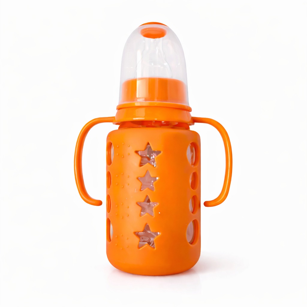 Glass Feeding Bottle With Handle 120ml - Orange Pop