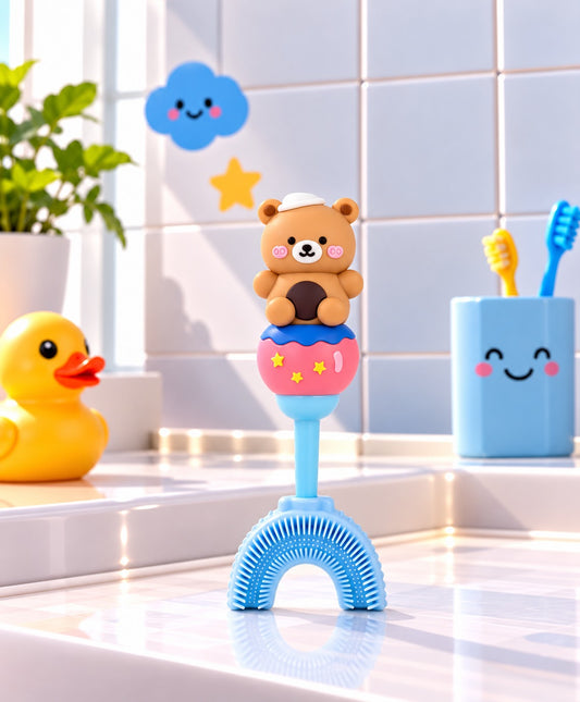 U-Shaped Toothbrush - Brown Teddy With Blue Handle