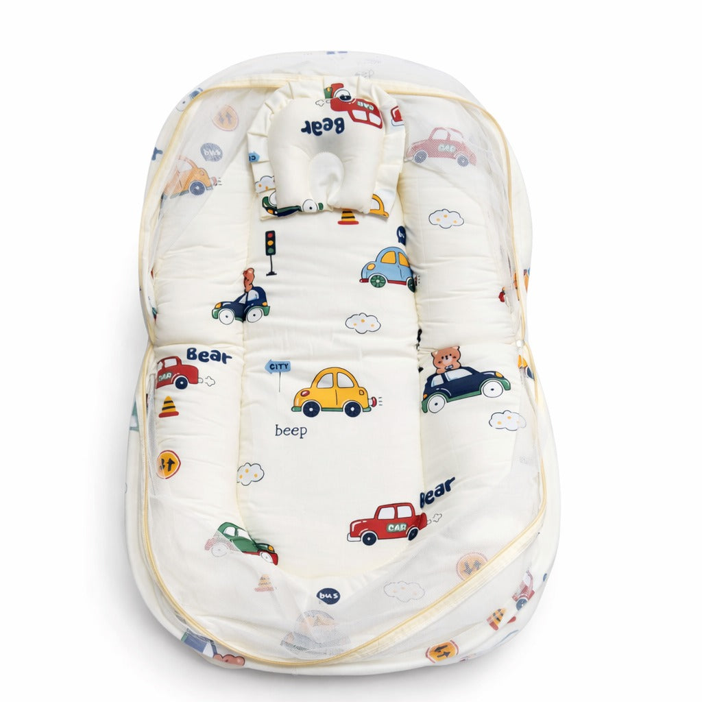 Baby Bedding Set With Mosquito Net & Head Support Pillow - Little Driver