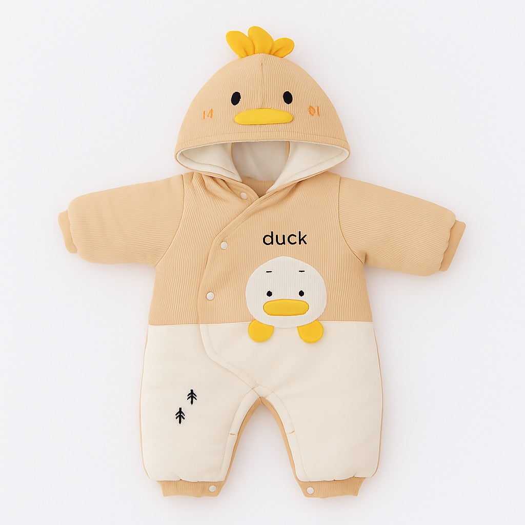 Hooded Woollen Romper With Snap Buttons - Cream Ducky