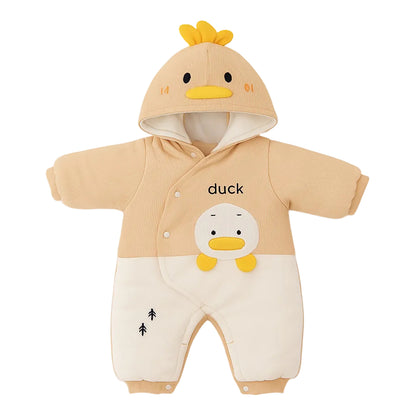 Hooded Woolen Romper With Snap Buttons - Cream Ducky