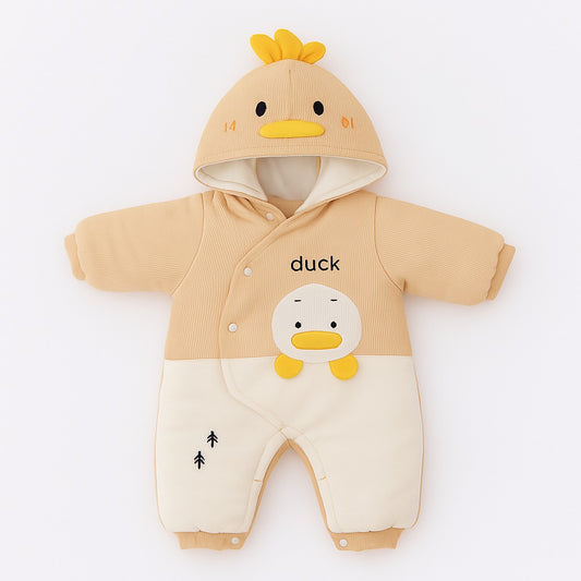 Hooded Woollen Romper With Snap Buttons - Cream Ducky