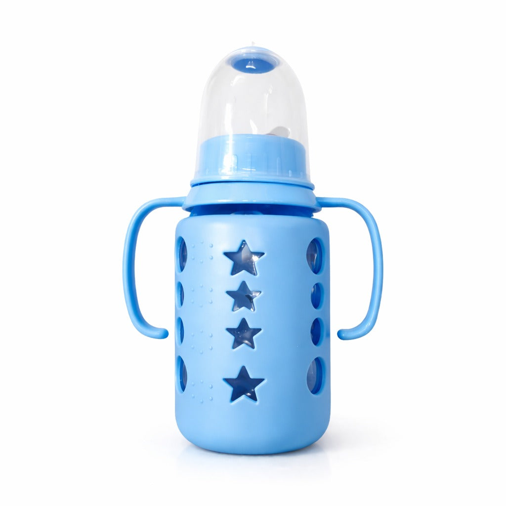 Glass Feeding Bottle With Handle 120ml - Cloudy Blue