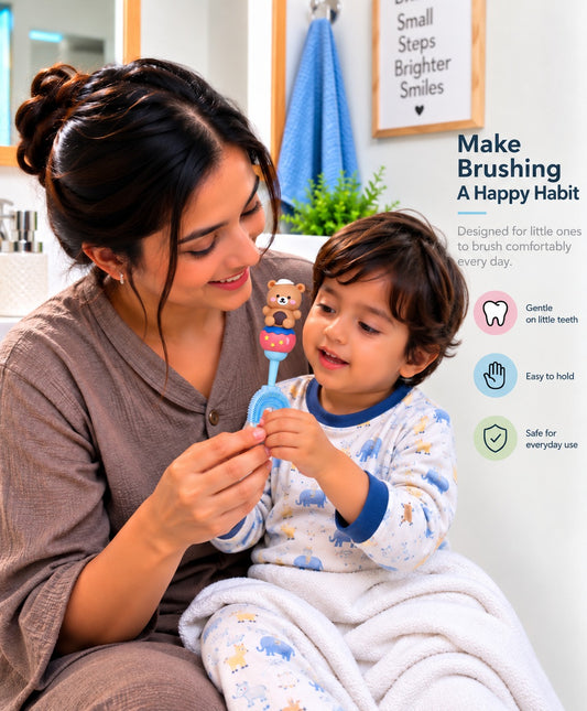 U-Shaped Toothbrush - Brown Teddy With Blue Handle