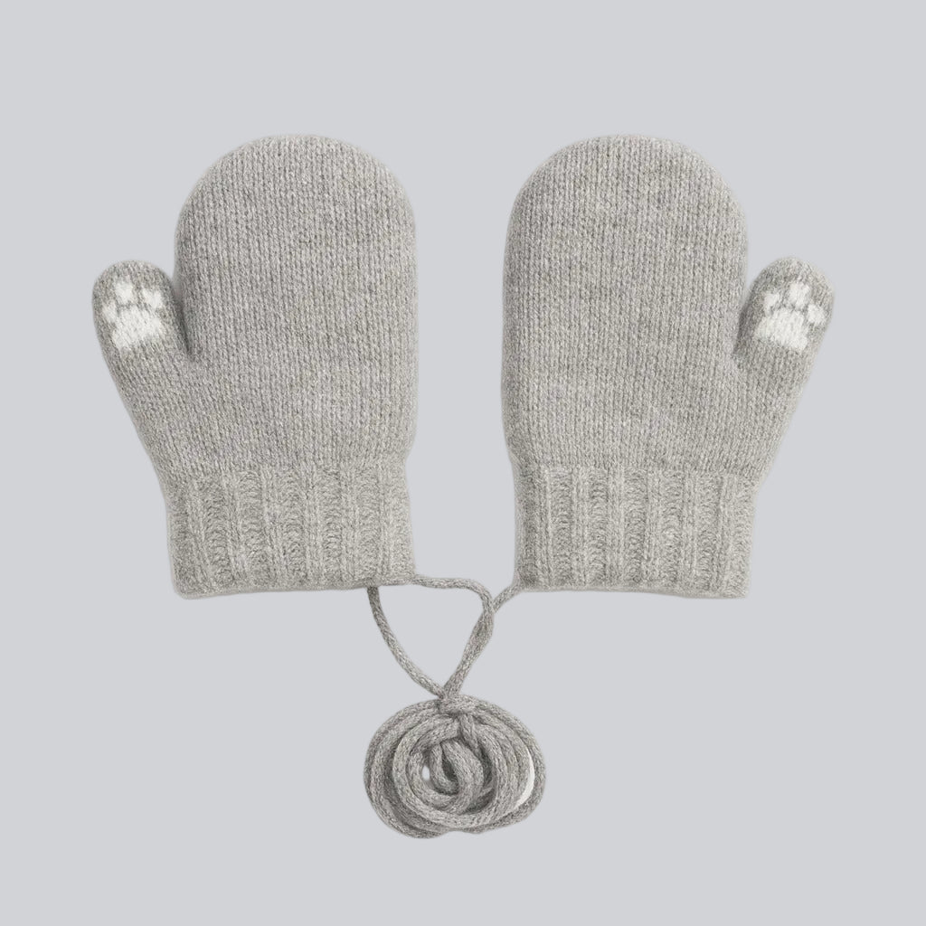 Baby Winter Knitted Gloves With Strings - Grey Teddy