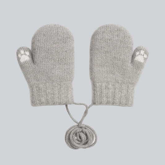 Baby Winter Knitted Gloves With Strings - Grey Teddy