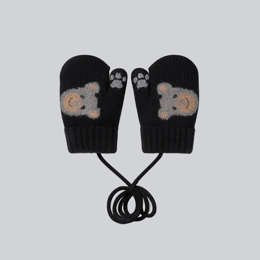Baby Winter Knitted Gloves With Strings - Black Teddy