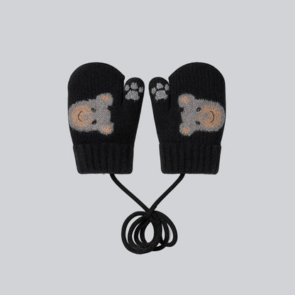 Baby Winter Knitted Gloves With Strings - Black Teddy