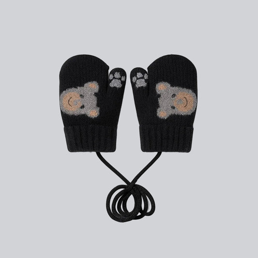 Baby Winter Knitted Gloves With Strings - Black Teddy