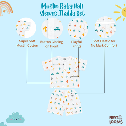 Half Sleeves Jhabla Set - Organic Cotton Muslin - Tiny Wheels