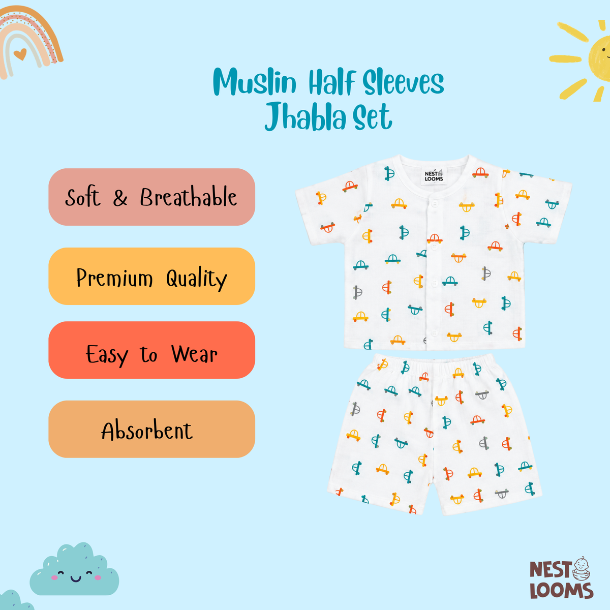 Half Sleeves Jhabla Set - Organic Cotton Muslin - Tiny Wheels